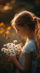 Wall Mural - Girl holds daisies a butterfly nearby at sunset