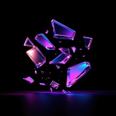Wall Mural - Abstract image of shattered glass shards with purple and pink neon glow, floating against a black background.