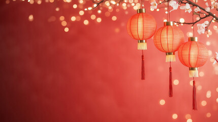 Wall Mural - red lanterns & festive lights: a trio of traditional red lanterns, adorned with delicate tassels, ha
