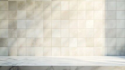 Blurry tiled wall bathroom background with empty white marble tabletop