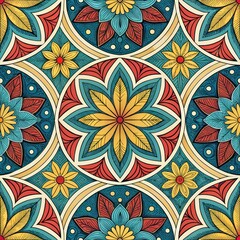 Wall Mural - Vibrant Floral Mandala Pattern Seamless Textile Design Intricate Ethnic Ornament Colorful Circular