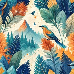 Wall Mural - Vibrant Tropical Birds Mountain Landscape Watercolor Botanical Illustration