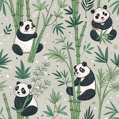 Wall Mural - Adorable Pandas Climbing Bamboo in Lush Green Forest Seamless Pattern Illustration