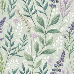 Wall Mural - Elegant Seamless Botanical Pattern Lavender Greenery White Flowers on Sage Green Background