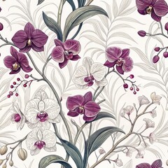 Wall Mural - Elegant Seamless Pattern of Purple and White Orchids with Botanical Leaves