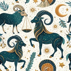 Wall Mural - Celestial Aries Ram Zodiac Seamless Pattern Mystical Gold Teal Ram Design