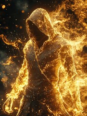 Wall Mural - enigmatic hooded figure engulfed in fiery golden particles, a dramatic digital illustration