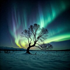 green northern lights over a silhouetted tree against a dark sky. northern lights, aurora, borealis,
