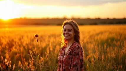Fototapete - Backlit Portrait of calm happy smiling free woman looking at camera enjoys a beautiful moment life on the fields at sunset