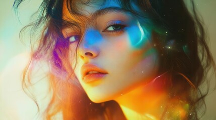 Wall Mural - ethereal female portrait merged with swirling cosmic nebula, iridescent colors blending into facial 
