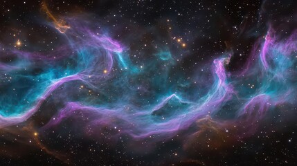 Wall Mural - ethereal swirling nebula in deep space, featuring vibrant purple and turquoise cosmic clouds illumin