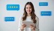 © Lumetriq - Happy young woman holding tablet, five-star ratings, positive feedback, excellent customer service, online review, satisfaction, happy client, digital technology, technology, feedback, review, rating