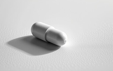 Wall Mural - A single  capsule pill resting on a clean white surface, casting a subtle shadow.