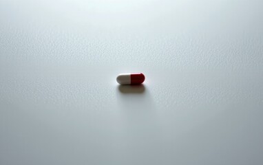 Wall Mural - A single  capsule pill resting on a clean white surface, casting a subtle shadow.