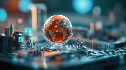 Fototapete - Futuristic Representation of a Global Network Concept with a Glass Globe on a Circuit Board Focusing on Connectivity and Digital Technology Advancements