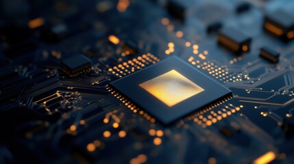 Fototapete - High-Tech Microprocessor on a Circuit Board with Glowing Components and Intricate Connections in a Dark Setting, Showcasing the Future of Technology