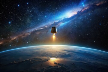 Wall Mural - a luminous bell descends towards a planet's horizon, illuminated by the cosmic glow of distant stars