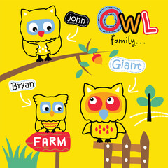 Wall Mural - Cartoon owl family perched on a branch near a farm sign with playful names on a yellow background. Cheerful animal family design concept
