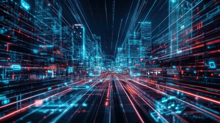 Aufkleber - Futuristic Cityscape with Neon Lights and Technology Elements, Abstract Digital Environment with Glowing Lines and Structures, Cyberpunk Aesthetic at Night