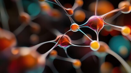 Poster - Abstract Representation of Colorful Neurons and Synapses Illustrating Complex Brain Networks, Scientific Visualization of Connections, Colors, and Structures in Neural Communication