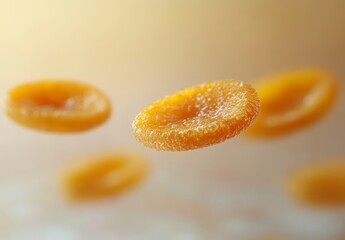 Wall Mural - Floating dried apricots, close-up view.