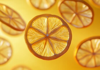 Wall Mural - Falling citrus slices on yellow background.