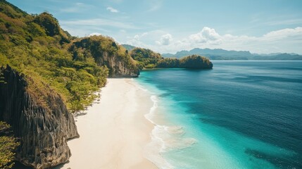 Wall Mural - Secluded white sand beach flanked by lush green cliffs and turquoise ocean. Perfect for travel, tourism, and vacation websites or brochures.
