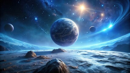 Wall Mural - a celestial landscape featuring a giant planet, distant moons, and a starfield