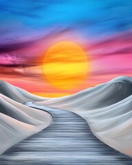 Wall Mural - A vibrant sunset over a winding river through white sandy hills, creating a serene and colorful landscape. mental health wellness therapy emotional strength concept