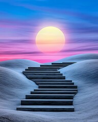 Wall Mural - A surreal scene featuring steps leading toward a large sun, set against a colorful twilight sky and flowing hills. mental health wellness therapy emotional strength concept