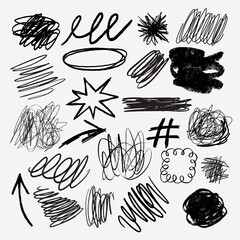 Wall Mural - a collection of black ink scribble art illustration. set of black ink scribble in various design ill