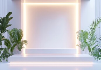 Poster - Minimalist white podium with neon lights and tropical plants.