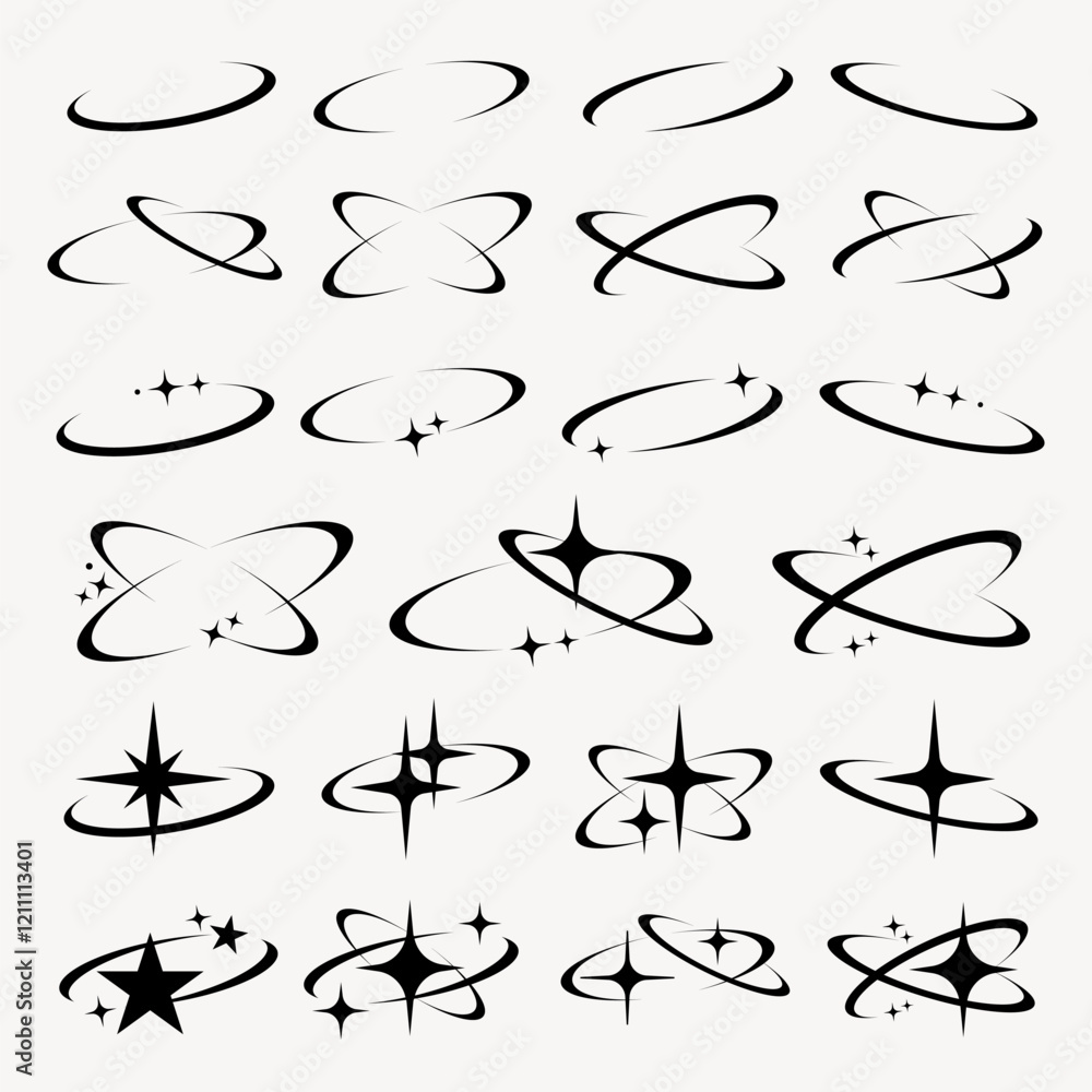 Minimalist celestial orbit line art set vector. Various set of ...