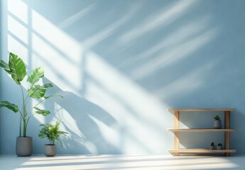 Poster - Minimalist room with plants and wooden shelf against a light blue wall.