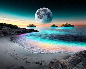 Wall Mural - a serene beach scene under a glowing full moon, with vibrant waves and distant islands, creating a t