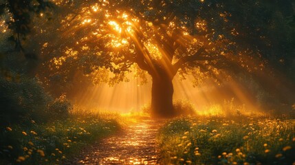 Wall Mural - enchanted forest path with towering ancient trees shafts of golden sunlight piercing through misty canopy creating ethereal atmosphere