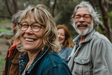 Wall Mural - Senior couple hiking in the forest with a group of people in the background