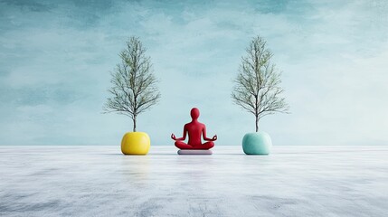 Canvas Print - a serene scene featuring a red figure meditating between two stylized trees in colorful pots, set ag