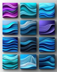Wall Mural - a vibrant collage of textured wave patterns in various shades of blue and purple, creating a dynamic