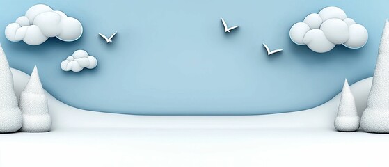 Wall Mural - a serene landscape featuring fluffy clouds, stylized trees, and birds against a soft blue background