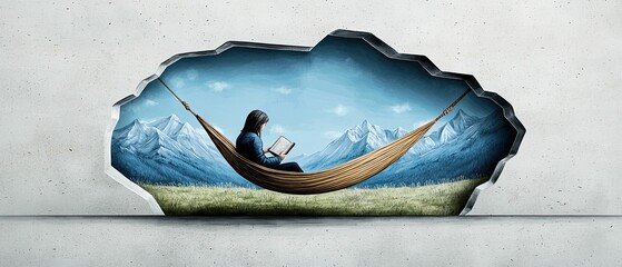 Wall Mural - A serene scene of a person reading in a hammock, surrounded by a picturesque landscape, symbolizing relaxation and escape from reality.