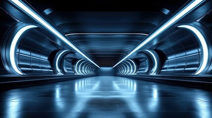 Wall Mural - futuristic blue neon lit tunnel corridor with reflective floor, sleek metallic walls and circular li