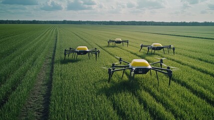 Wall Mural - autonomous robotic agriculture drones in an industrial farm, large-scale agricultural field with cro