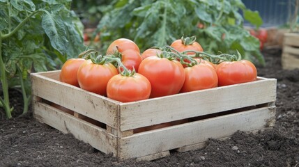 Sticker - Tomatoes freshly picked from the vine are arranged neatly in a rustic wooden crate surrounded by lush greenery in the garden