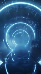 Wall Mural - digital technology abstract blue glowing circular tunnel poster background