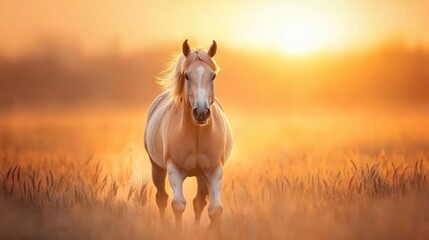 Wall Mural - Majestic horse gallops gracefully across a golden wheat field as the sun sets, casting a warm glow over the tranquil landscape