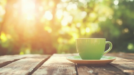 Wall Mural - Bright sunlight casts a warm glow on a green tea cup placed on a weathered wooden table, creating a serene outdoor atmosphere