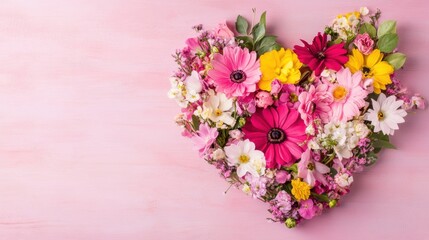 Wall Mural - A heart shaped arrangement of colorful flowers including pink daisies and yellow blooms, perfect for expressing love and affection