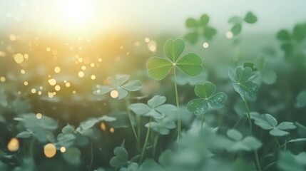 Wall Mural - Green clovers thrive in a natural setting, illuminated by warm sunlight and surrounded by a dreamy bokeh effect enhancing the tranquility