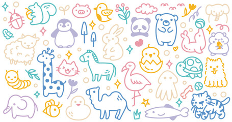 Naklejka na meble Animals Doodle Illustration | Colorful Hand-Drawn Line Art with Various Playful Animals for Design Project